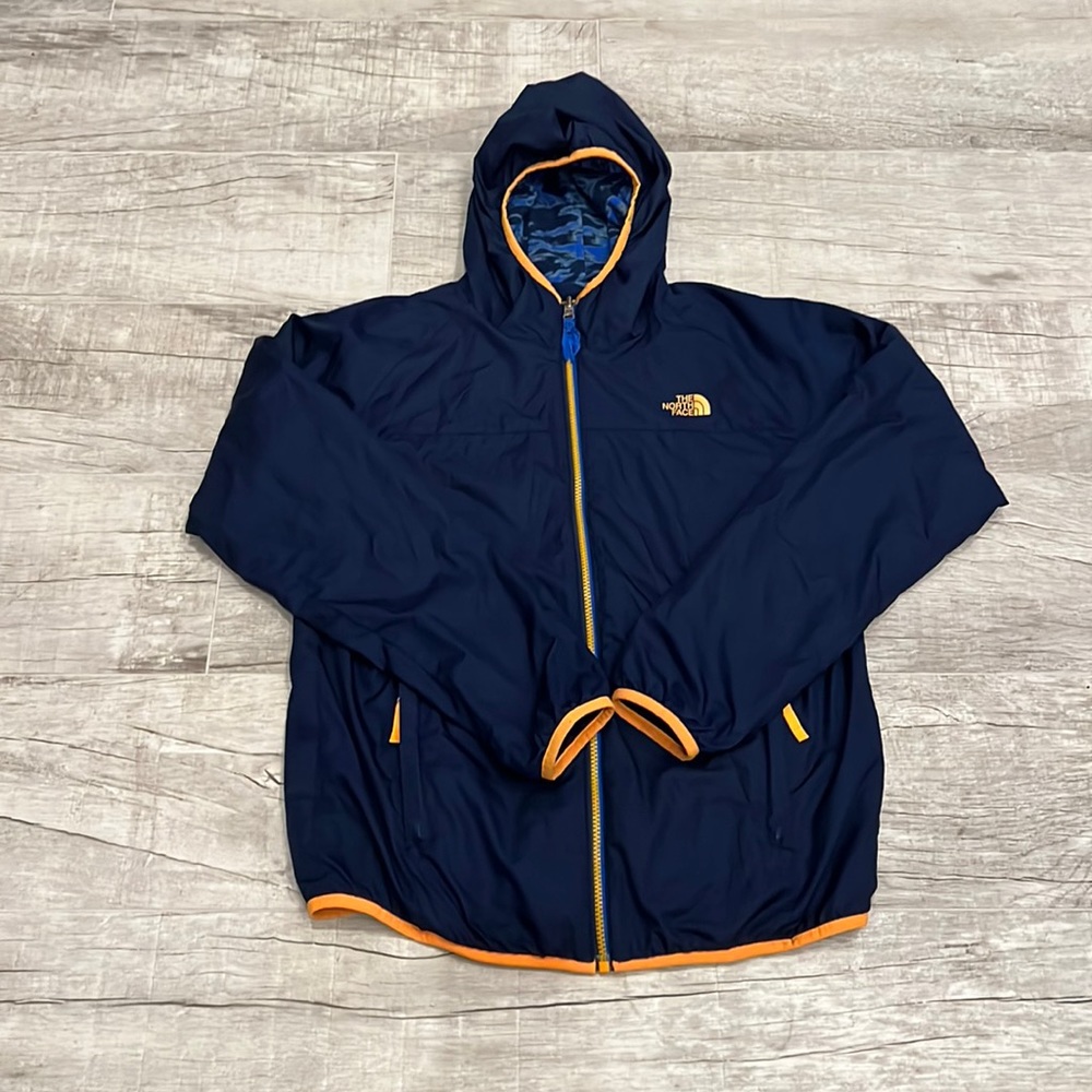 The North Face Boys Reversible Camo Navy Fleece and Windbreaker Jacket with Hood